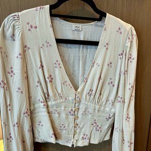 Aritzia Wilfred Long Sleeve Blouse Top, Cream Floral, Size 4
